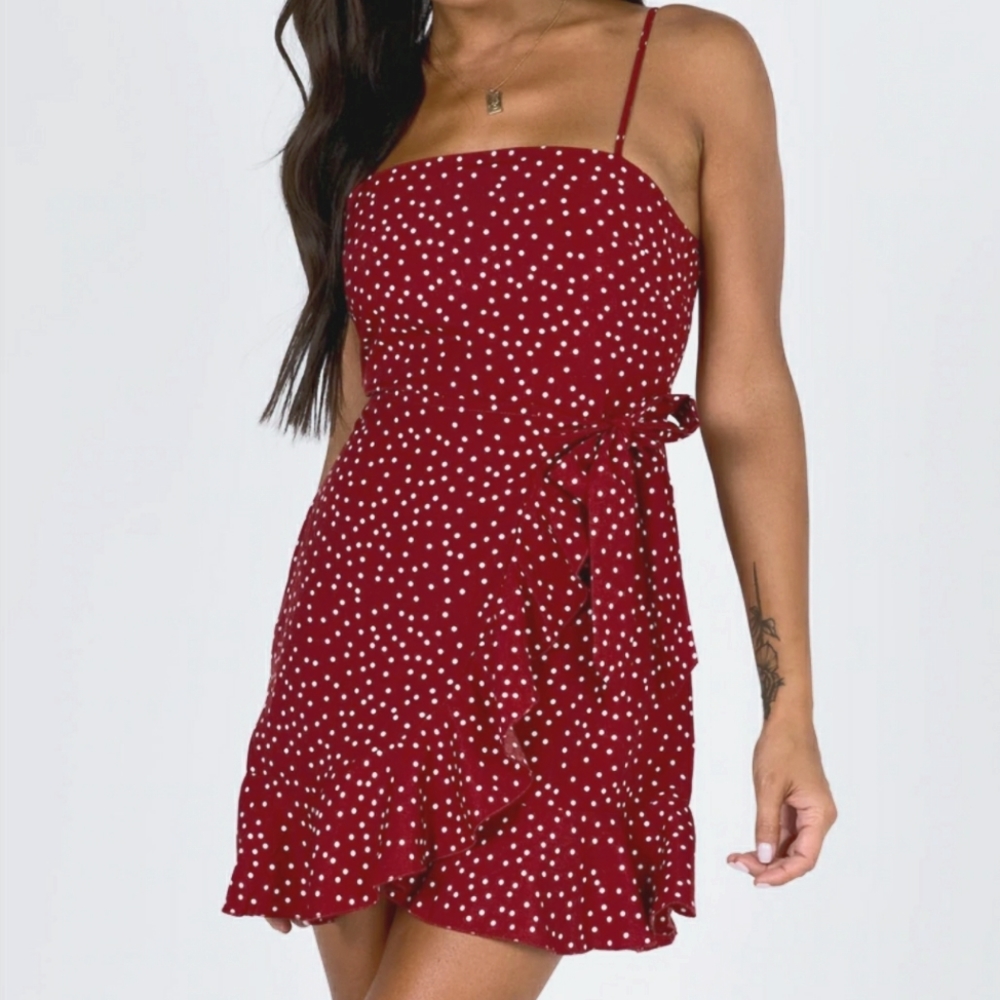 New Princess Polly Caesura Polka Dot Mini Dress Deep Red White Size 4